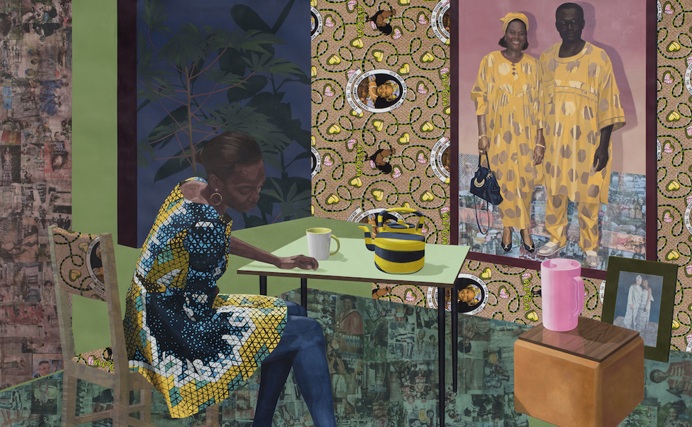 Njideka Akunyili Crosby，“住所：ASO EBI”（2017年），巴尔的摩艺术博物馆，作为Nancy L. Dorman和Stanley Mazaroff，巴尔的摩的礼物，以纪念Kristen Hileman（礼貌巴尔的摩艺术博物馆）